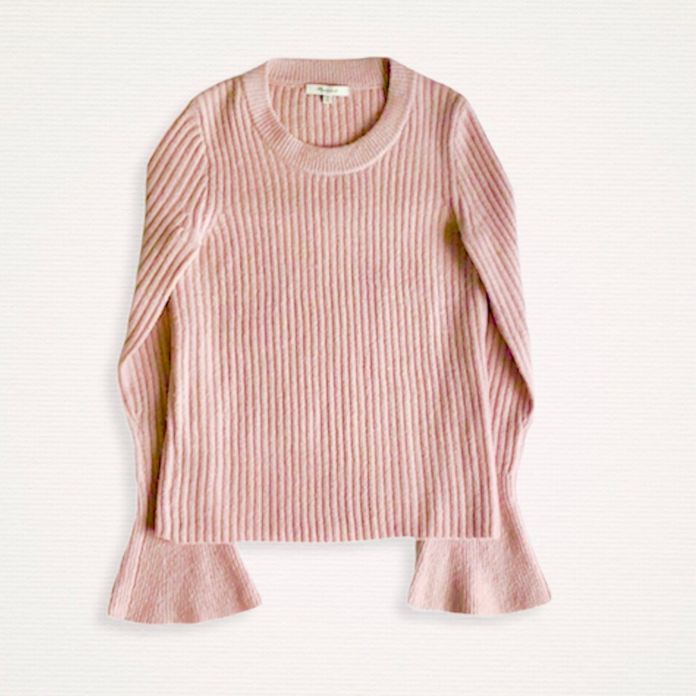 Madewell Ruffle-Cuff Pullover Wool Blush Sweater